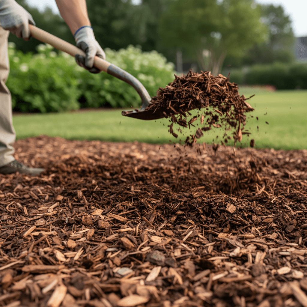 Fresh mulch application in landscape garden beds