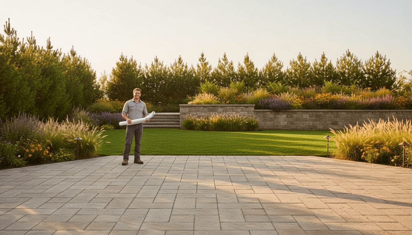 Completed hardscape project with patio and pathways